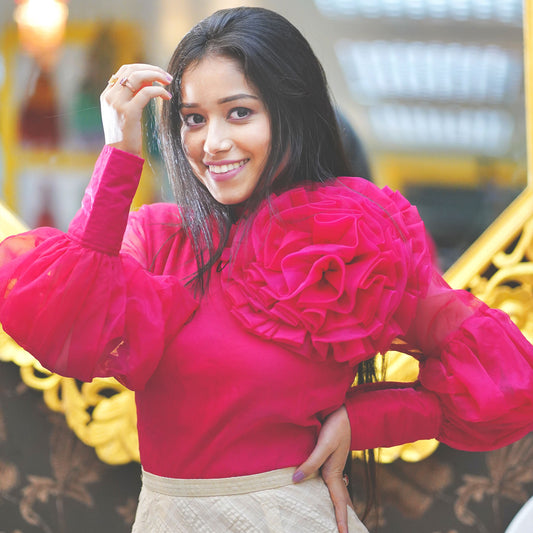 Organza Top With Puff Sleeves Flower Design - Fuchsia Pink