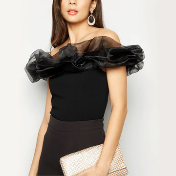 Bardot Organza Black Top With Puff Trim