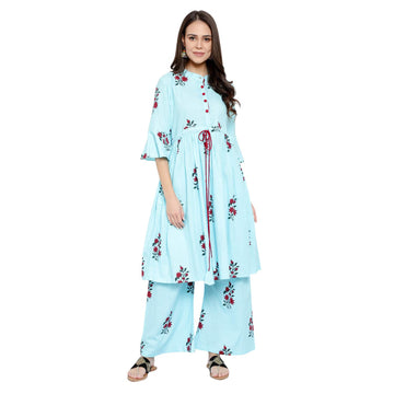 Floral Anarkali Pleated Flared Sleeves Kurta Set - Aqua Blue