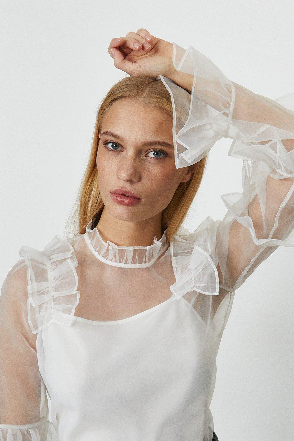 Ruffled Mesh Organza Top- White