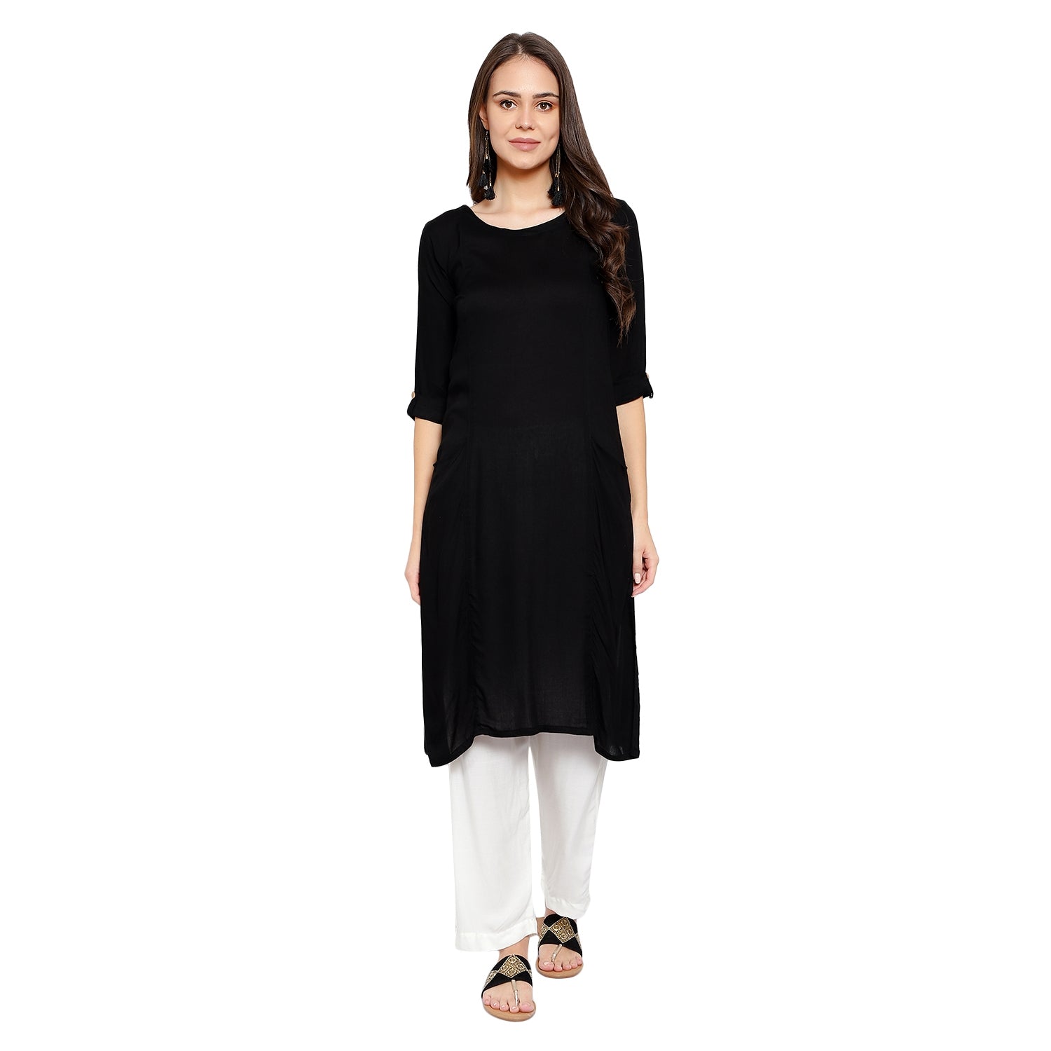 Soild Straight Kurti With White Bottom Plazzo Set - Black