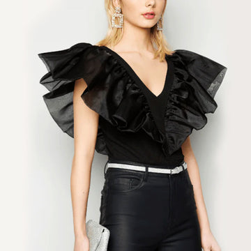 V- Neck Frill Organza Top - Black