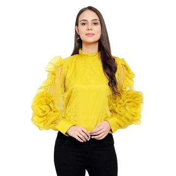 Floral Organza Puff Sleeve Top - Grass Yellow