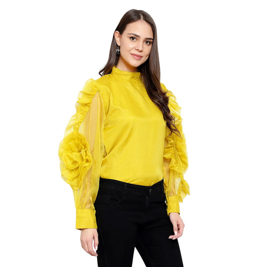 Floral Organza Puff Sleeve Top - Grass Yellow