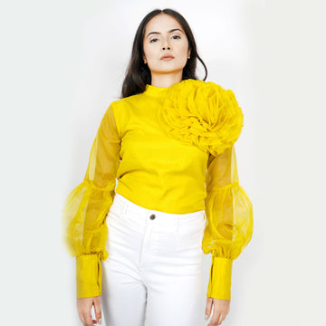 Organza Top With Puff Sleeves Flower Design- Grass Yellow