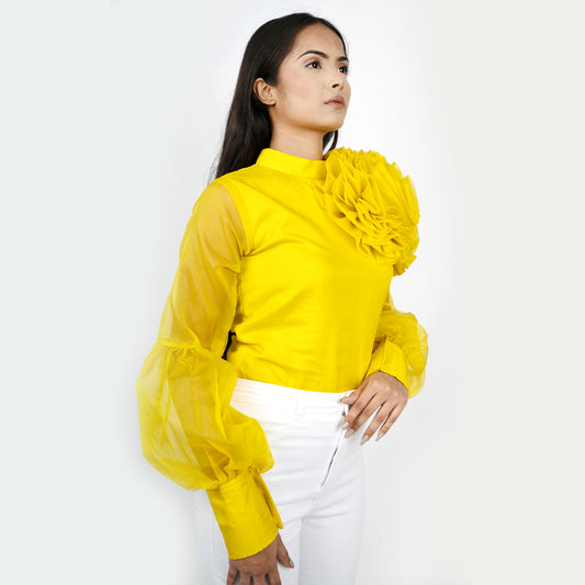 Organza Top With Puff Sleeves Flower Design- Grass Yellow