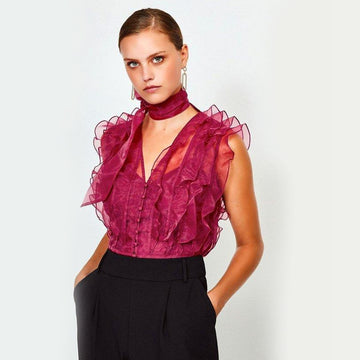 Tie Neck Organza  Ruffle Top - Merlot Pink