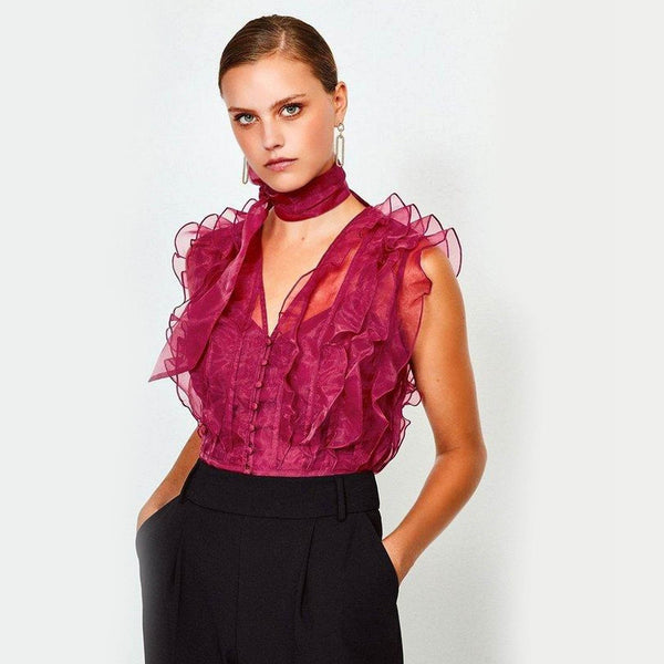 Tie Neck Organza Ruffle Top - Merlot Pink - DrapeMe - Your Affordable place for In-Trend clothing