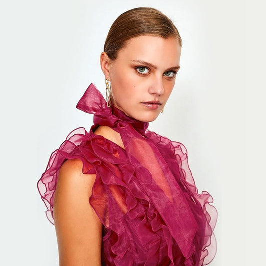 Tie Neck Organza  Ruffle Top - Merlot Pink