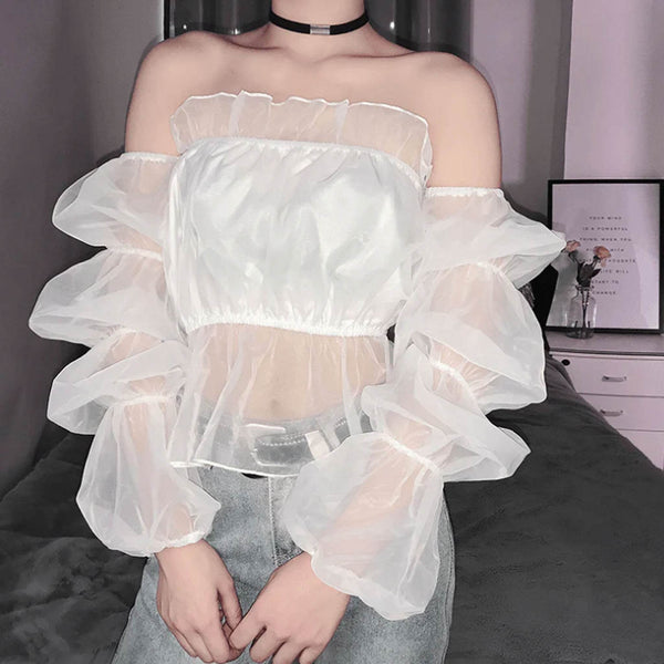 Off-Shoulder Long Sleeves Top - White - DrapeMe - Your Affordable place for In-Trend clothing