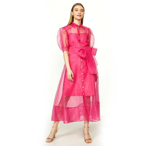 Organza Puff Sleeve Belted Long Maxi Dress - Pink - DrapeMe - Your Affordable place for In-Trend clothing