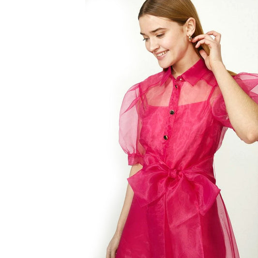 Organza Puff Sleeve Belted Long Maxi Dress - Pink