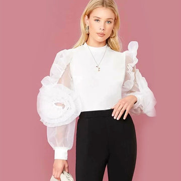 Floral Organza Puff Sleeve Top - White