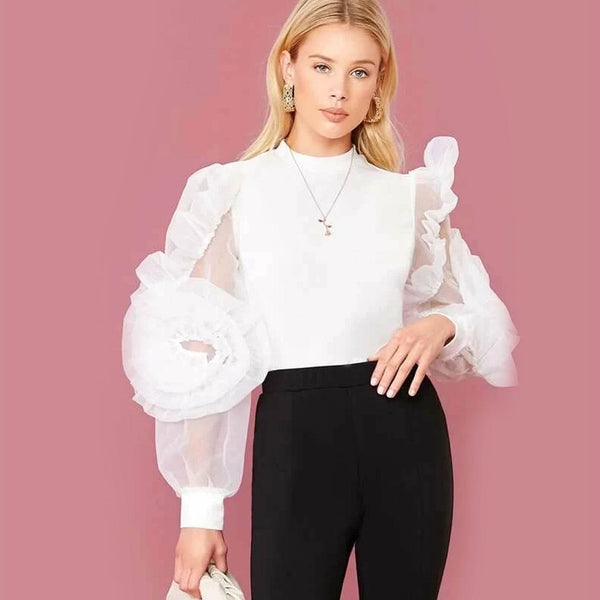 Floral Organza Puff Sleeve Top - White - DrapeMe - Your Affordable place for In-Trend clothing