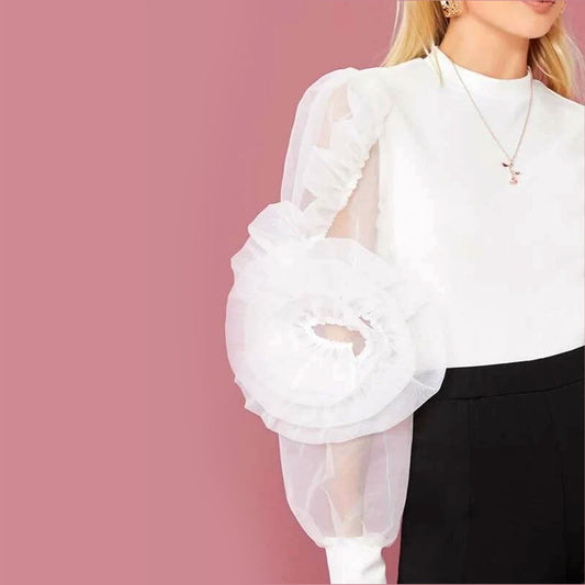 Floral Organza Puff Sleeve Top - White