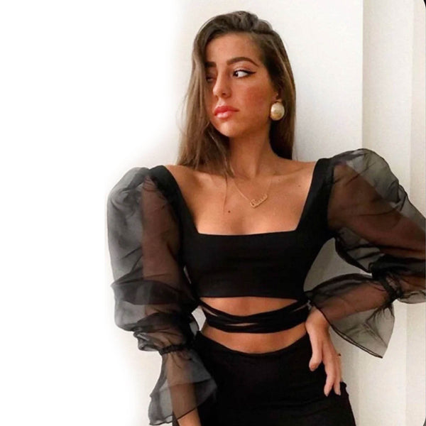 Wide Neck Organza Crop Top - Black - DrapeMe - Your Affordable place for In-Trend clothing