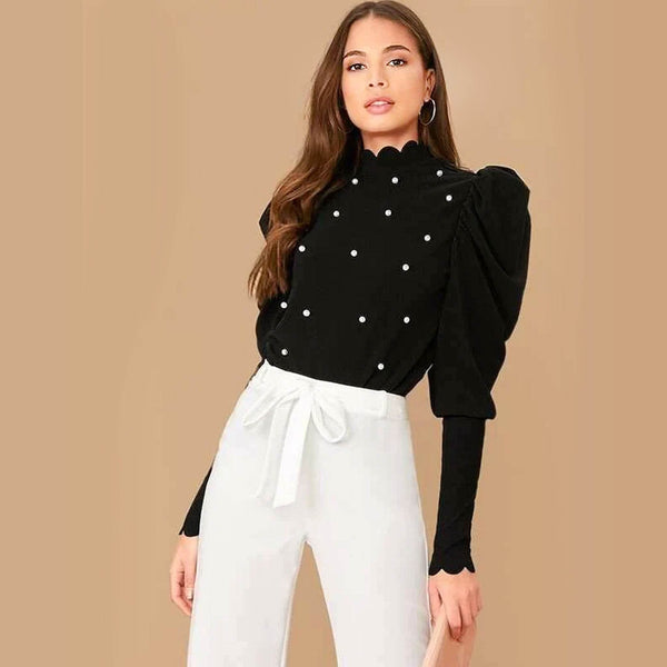 Scallop Mock Neck Pearls Beaded Gigot Sleeve Top - Black - DrapeMe - Your Affordable place for In-Trend clothing