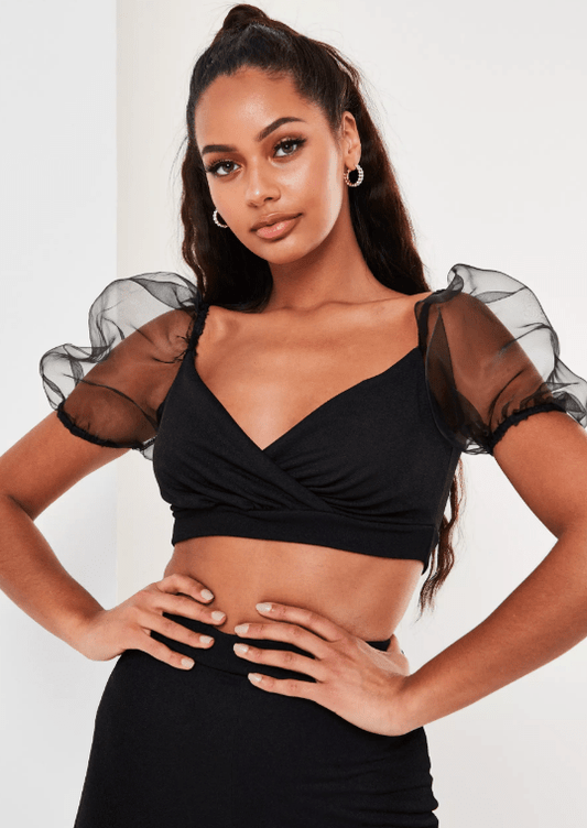 Puff Sleeve V-Neck Crop Top - Black