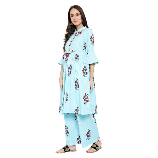 Floral Anarkali Pleated Flared Sleeves Kurta Set - Aqua Blue