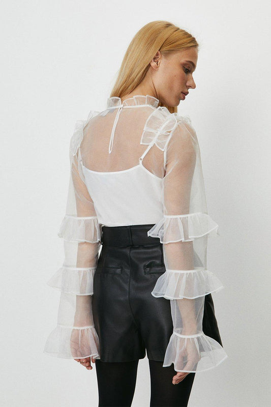 Ruffled Mesh Organza Top- White