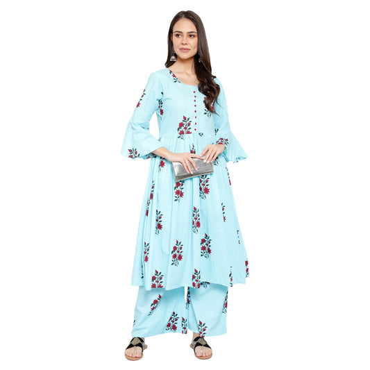 Floral Anarkali Pleated Kurta Set - Aqua Blue