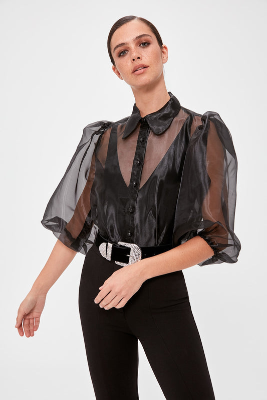 Women's Collar Puff Full Sleeves Organza Black Shirt