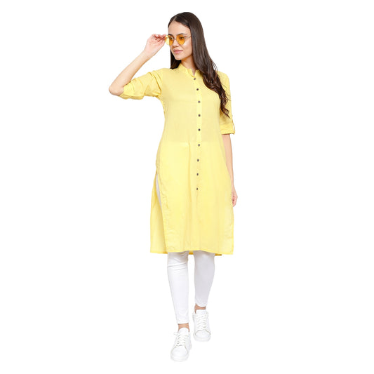 Solid Collar Neck Folding Sleeves Long Kurti - Yellow