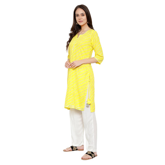 Rayon 3/4 Sleeves Striped Kurta - Yellow