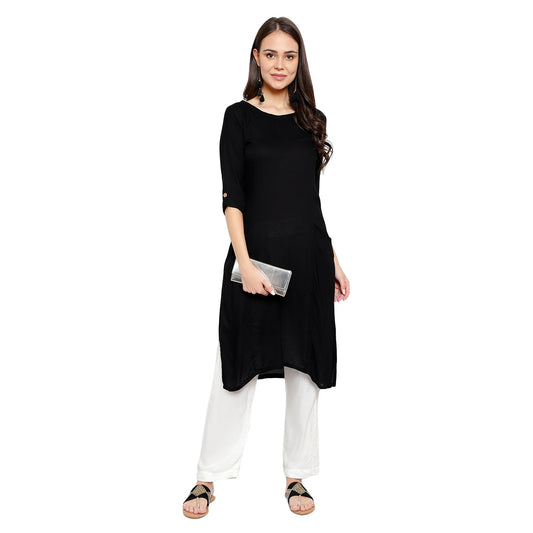 Soild Straight Kurti With White Bottom Plazzo Set - Black