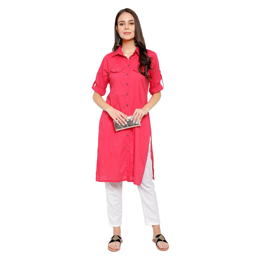 Solid Collar Neck Folding Sleeves Long Kurti - Red