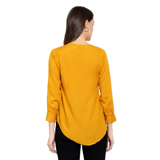 Round Neck Full Sleeves Top - Mustard Yellow