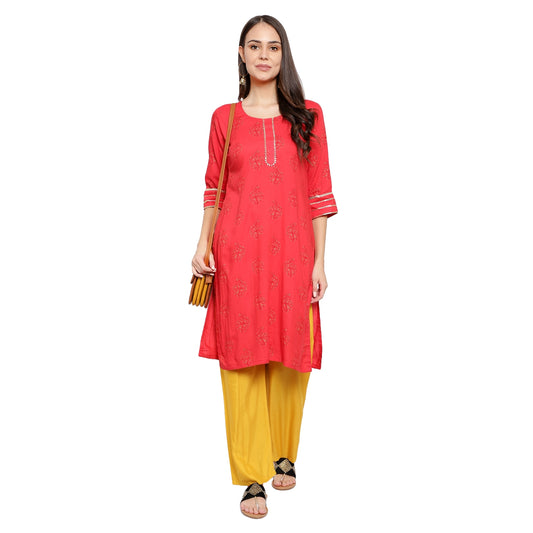 Decent Round Neck Printed Kurti - Red