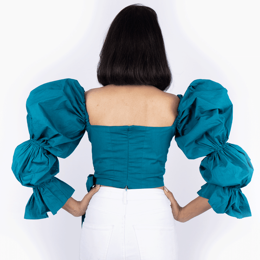 Sweetheart Neck Elastic Bell Sleeves Warp Crop Top - Gamma Green