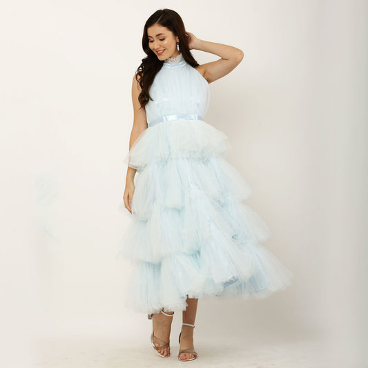 Pretty Blush Long Tulle Prom Gown Dress - Powder Blue