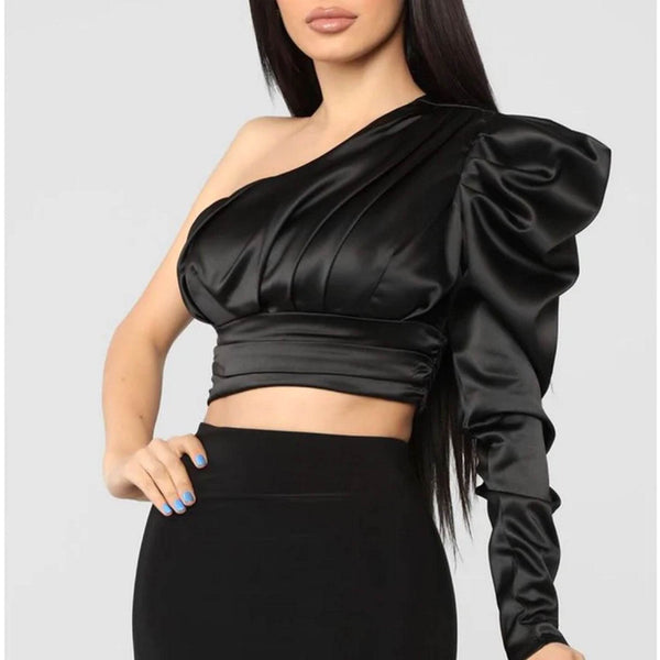 One Shoulder Long Sleeves Satin Top - Black - DrapeMe - Your Affordable place for In-Trend clothing