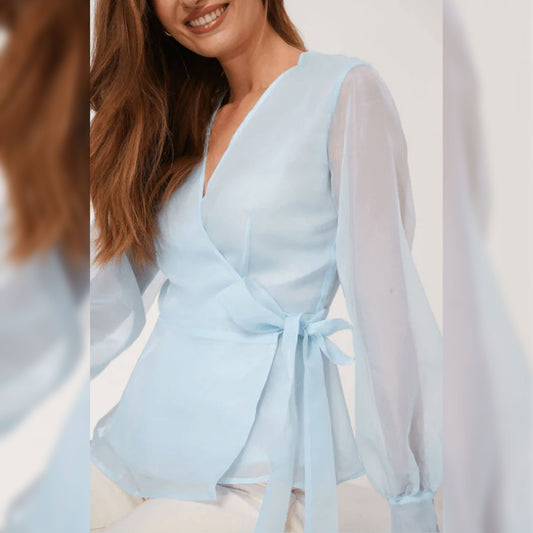 Wrap Knot Belt Organza Blouse - Powder Blue