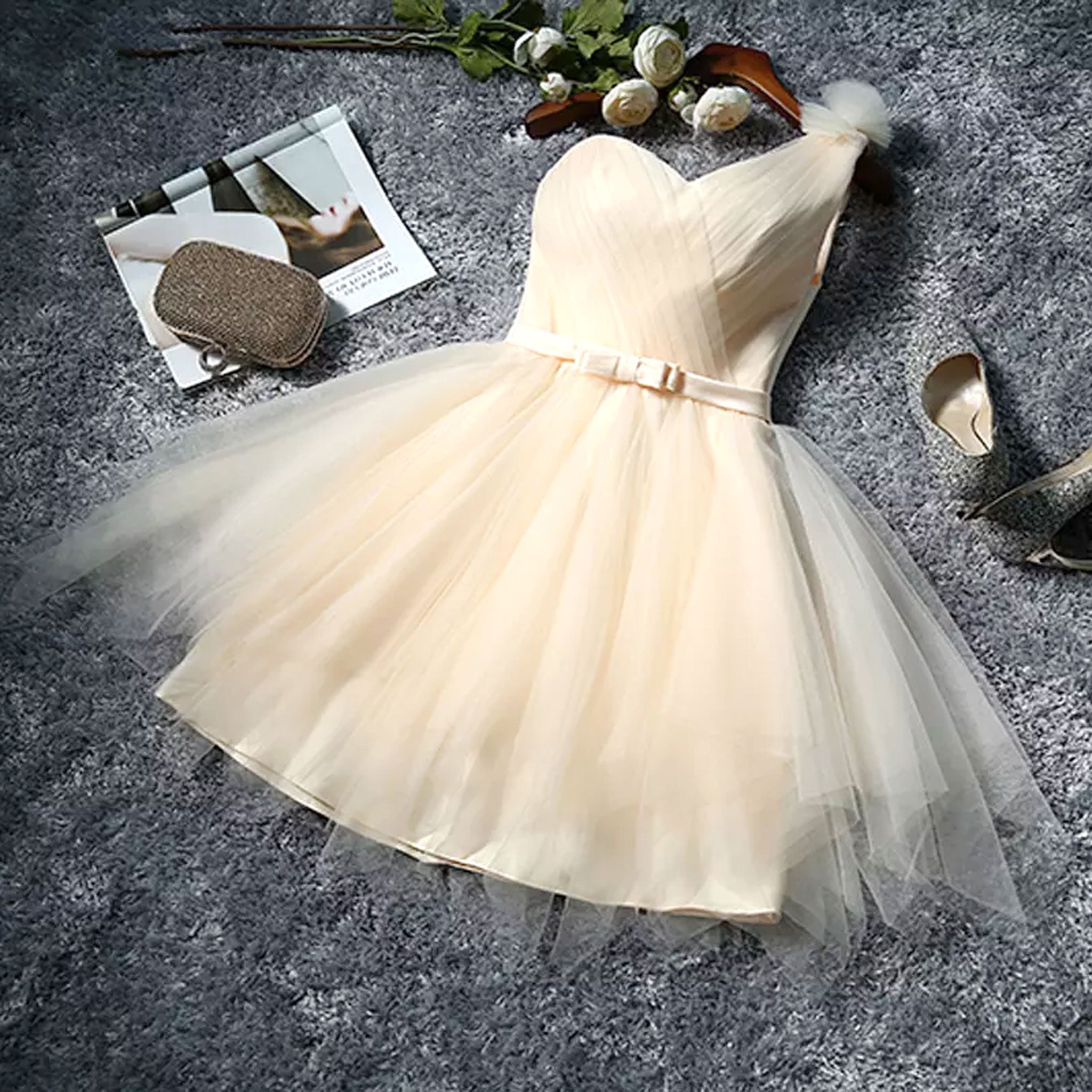 Knee Length One Shoulder Tulle Party Wear Dress Short - Cream