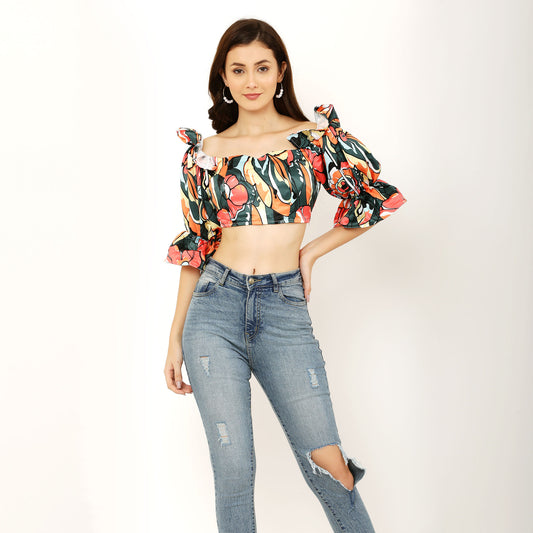 Abstract Print Ruffle Puff Sleeve Crop Top