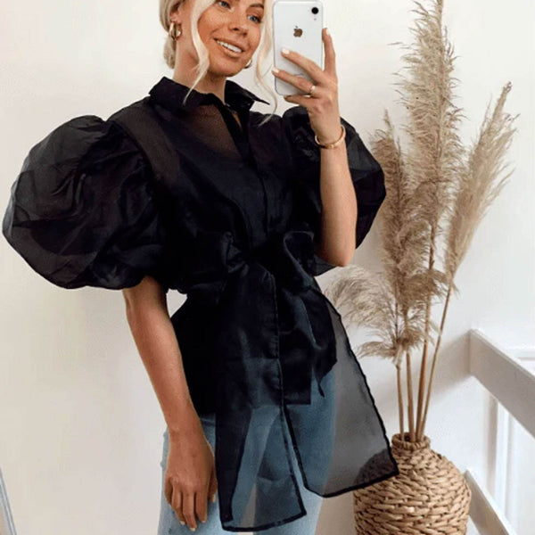 Elegant Organza Shirt With Big Bow Belt Design - Black - DrapeMe - Your Affordable place for In-Trend clothing