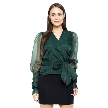 V Neck Knot Top With Puff Sleeves - Green