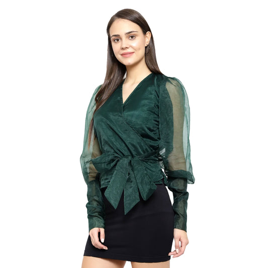 V Neck Knot Top With Puff Sleeves - Green