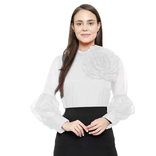 Organza Puff Sleeves Top With Flower Design - White