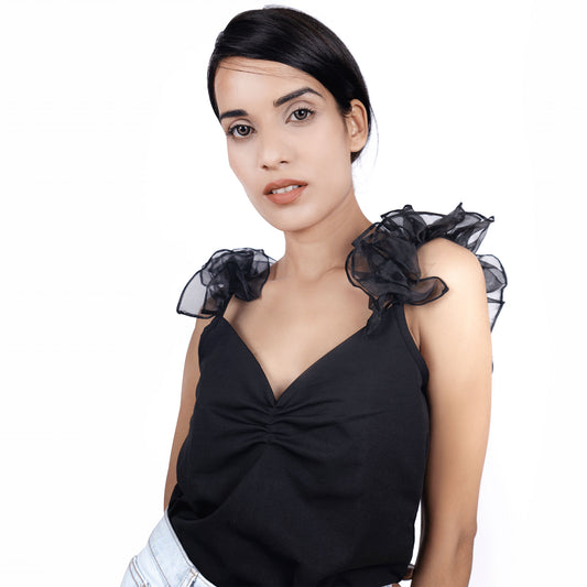 V-Neck Organza Ruffle Sleeve Top -  Black