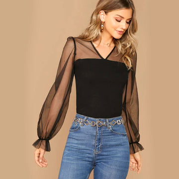 Ruffle Cuff Mesh Sheer Yoke Top - Black