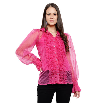 Organza Puff Sleeves Ruffled Front Shirt - Pink