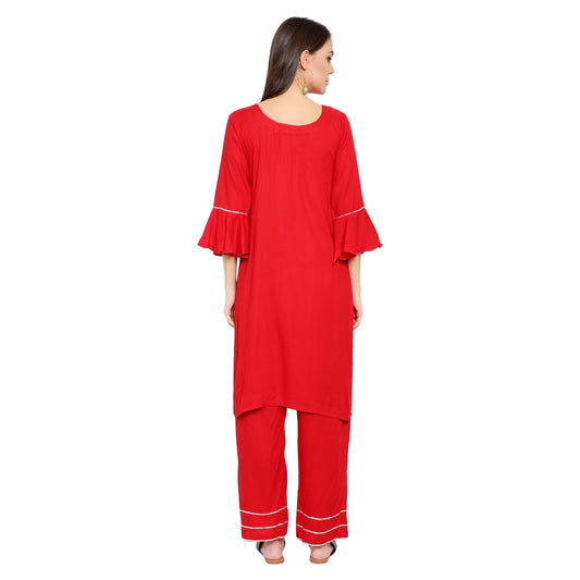 Straight Kurti With Plazzo Set - Red