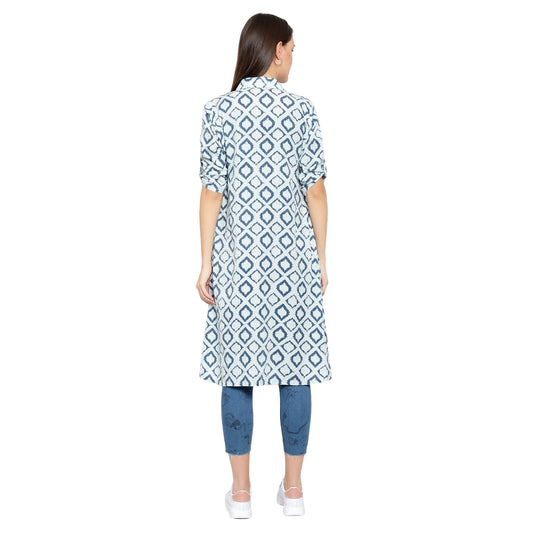 Printed Katha Cotton Long Kurti - Blue