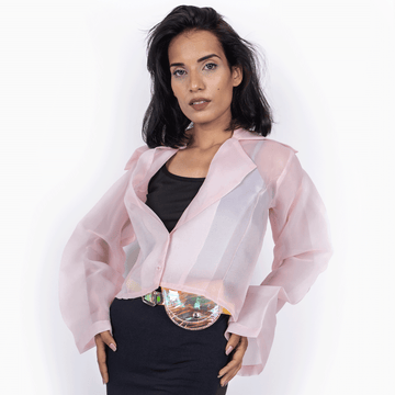 Jacket Style Organza Top With Neck Long Sleeves - Peach