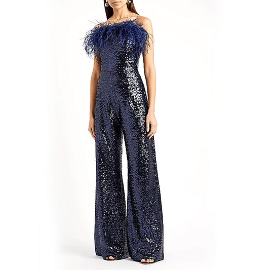 Stylish Feather Sequins Jumpsuit - Blue