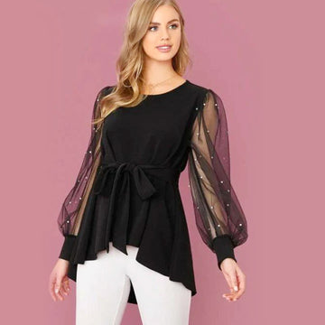 Pearl Beaded Mesh Lantern Sleeve Top - Black